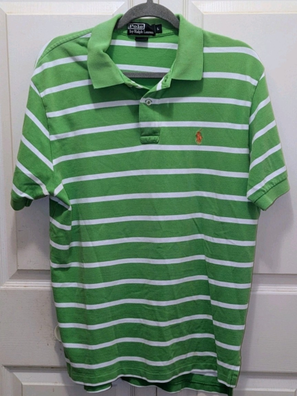 Men's Polo Ralph Lauren Green & White Stripe Orange Pony Polo Shirt Sz L